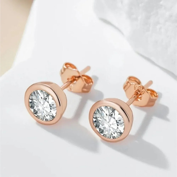 14K Rose Gold Natural Zircon Bezel Stud Earrings - Picture 3 of 4